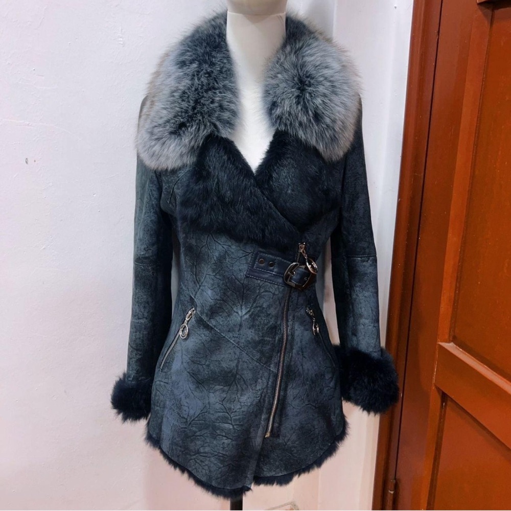 Womens Gray Fur Trim Asymmetric Coat